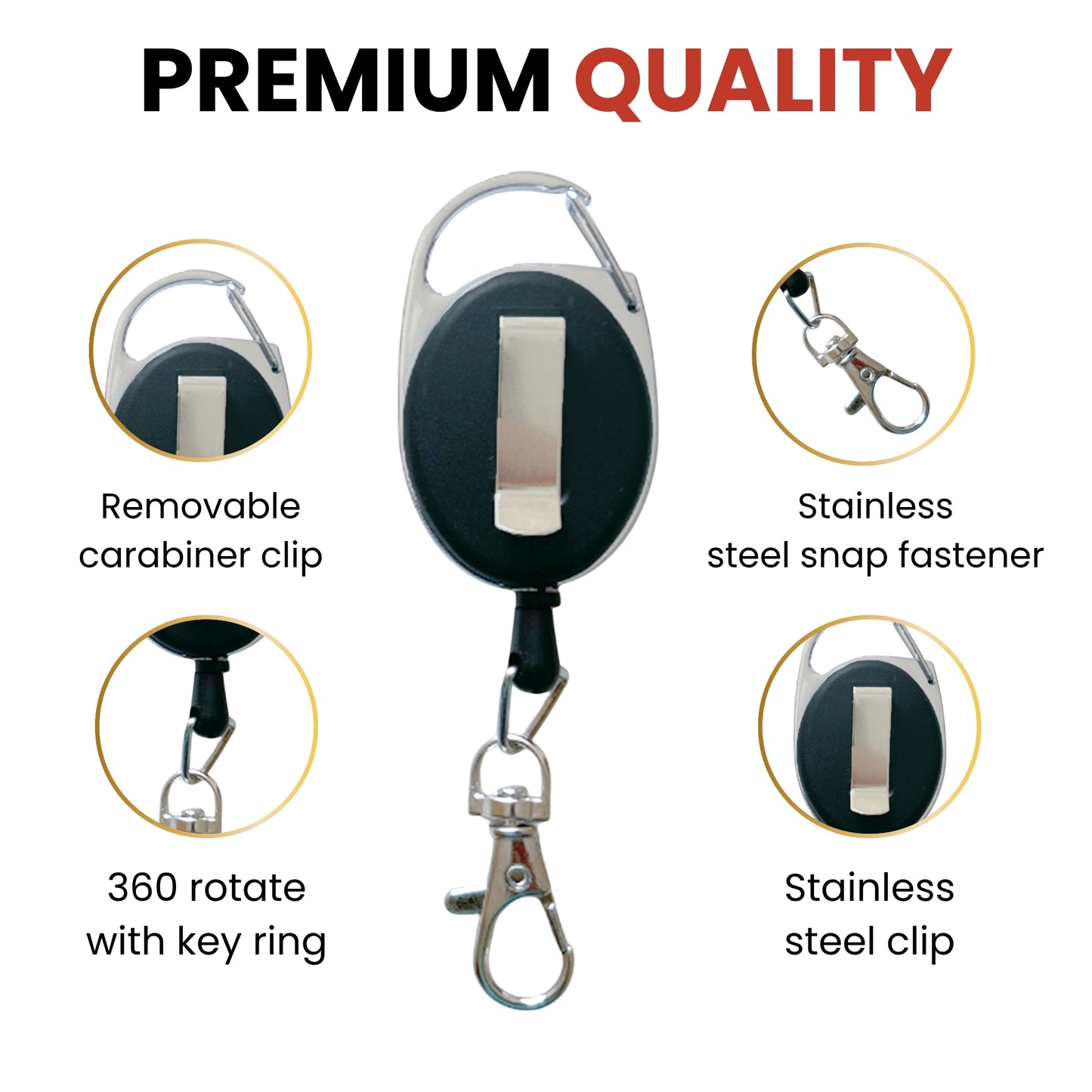 Black Retractable Key Reel with Carabiner