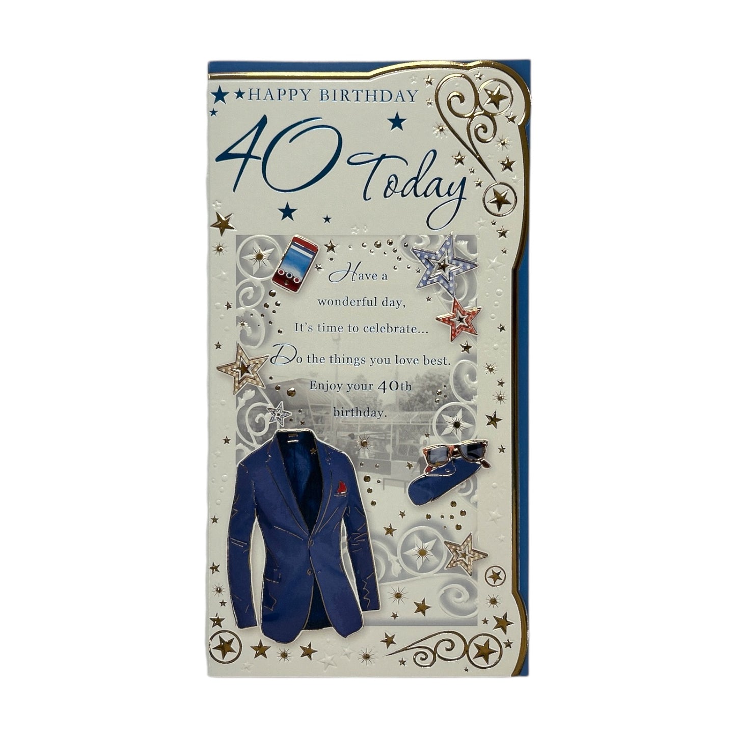 Age 40 Blue Blazer and Stars Deign Opacity Birthday Card