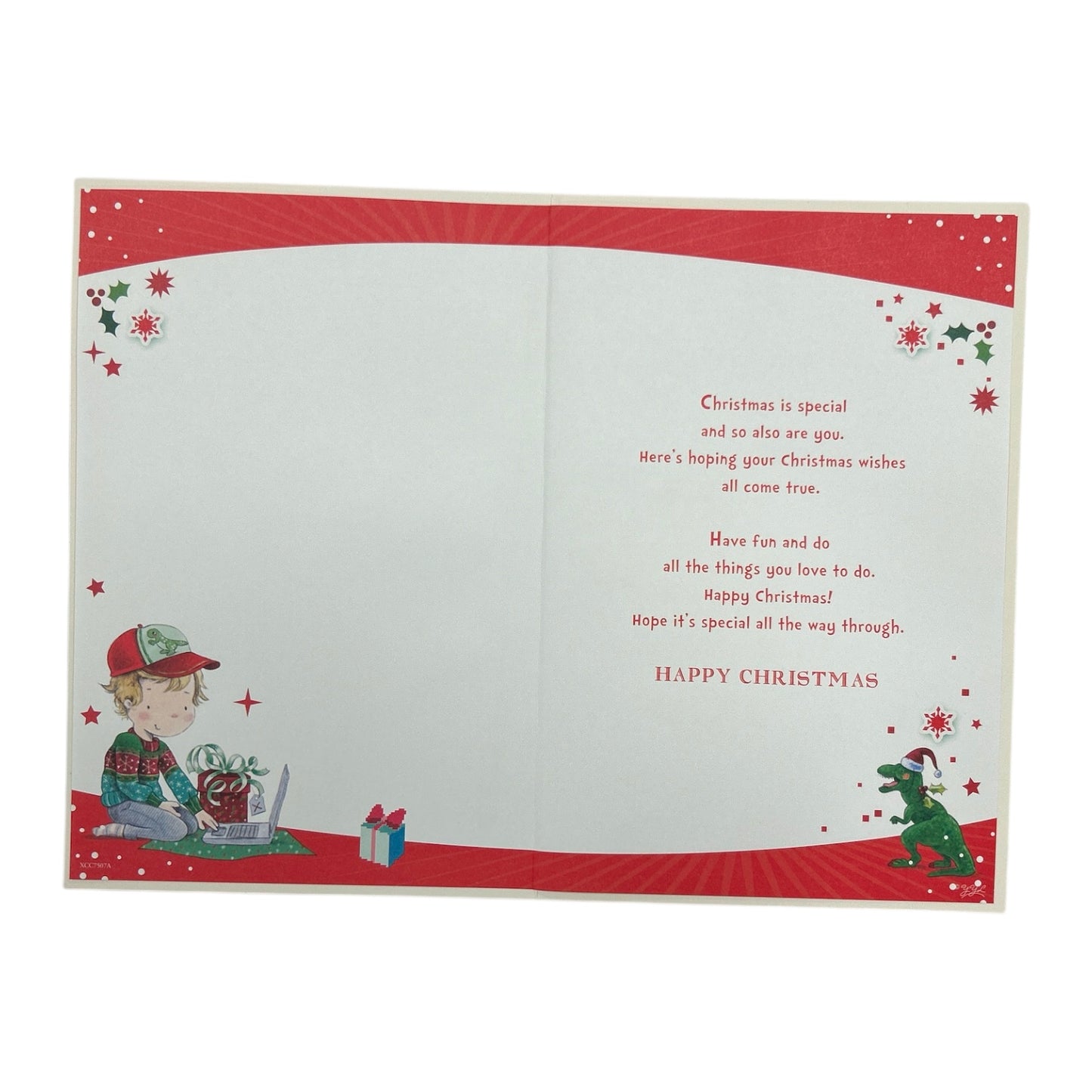 Special Son Christmas Tree Rex Dinosaur Design Christmas Card with Badge