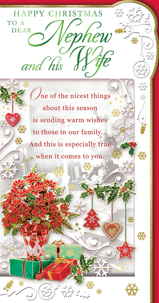 To a Dear Nephew and His Wife Flowers With Presents Design Christmas Card