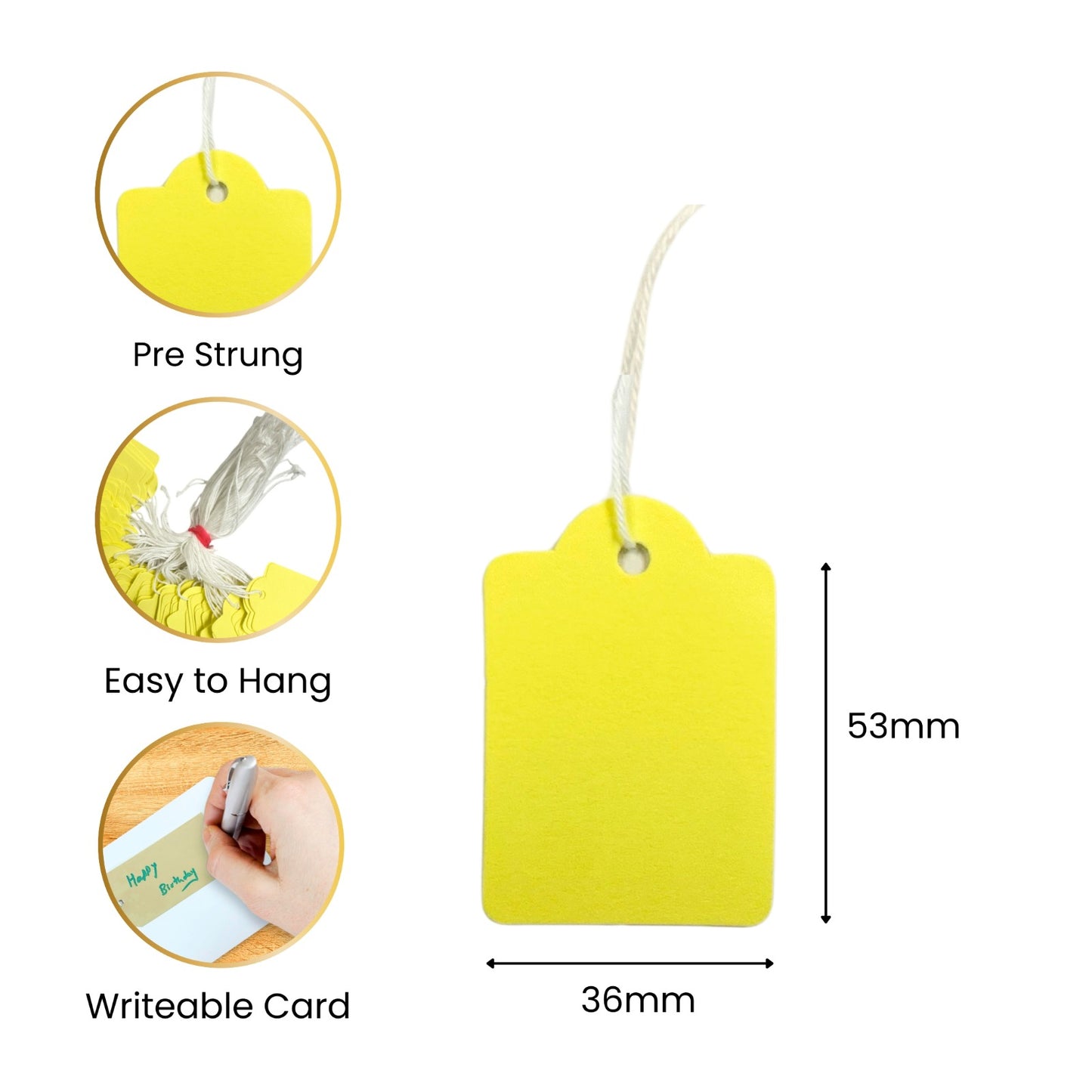 Pack of 100 Large Yellow Strung Tags 36 x 53mm