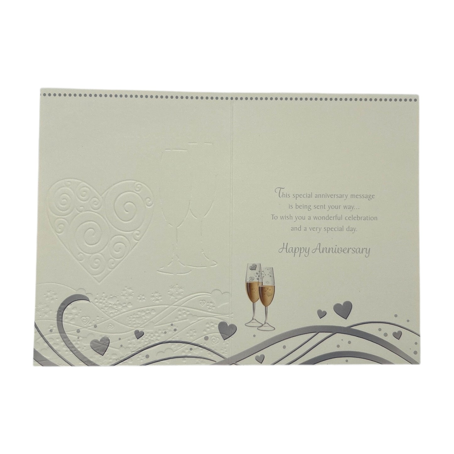 To Son & Daughter-In-Law Champagne Glass Silver Heart Traditional Design Anniversary Card