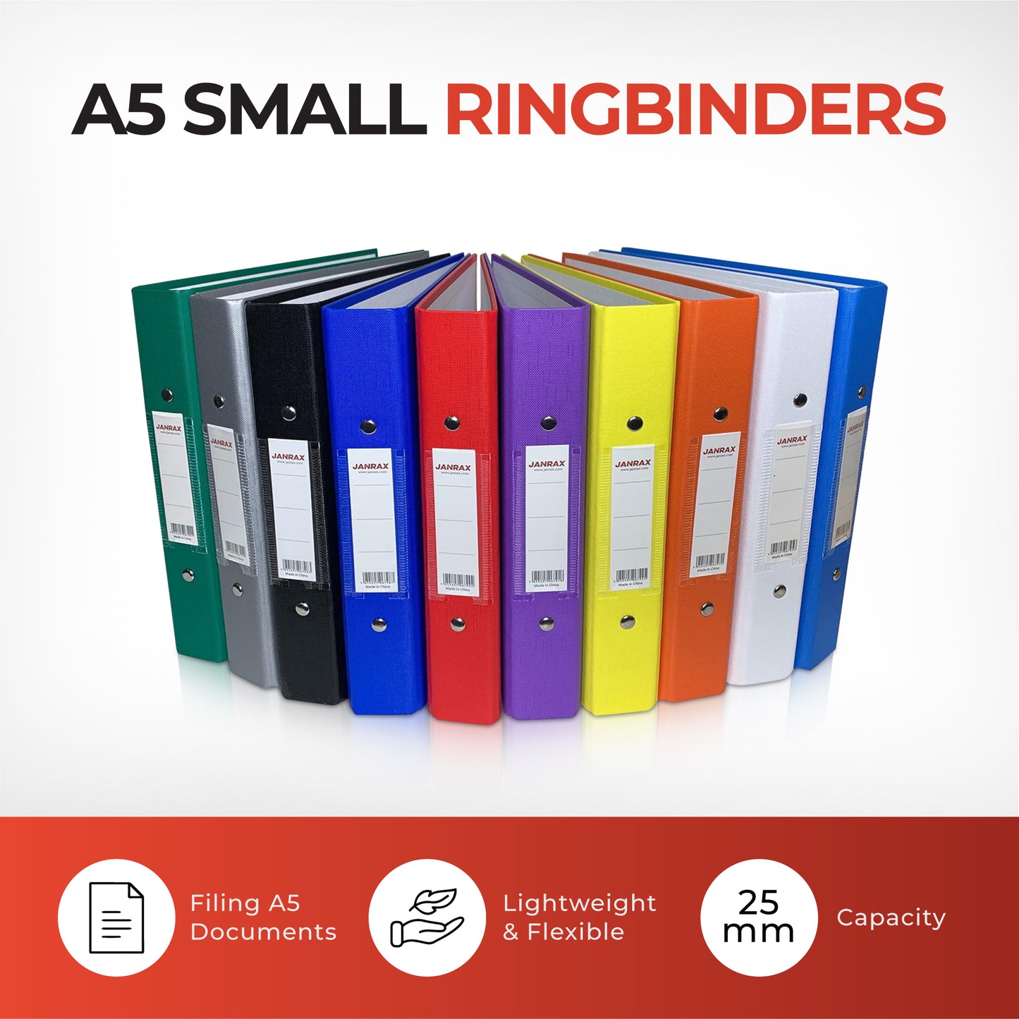 Pack of 3 A5 Green Paper Over Board Ring Binders by Janrax