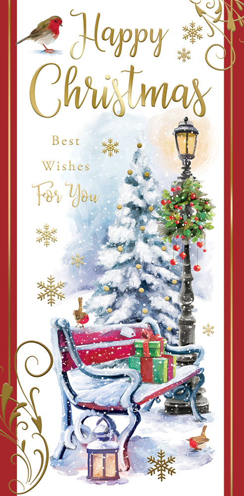 Box of 20 Wreath and Bench Design Luxury Slim Christmas Greetings Cards With Envelopes