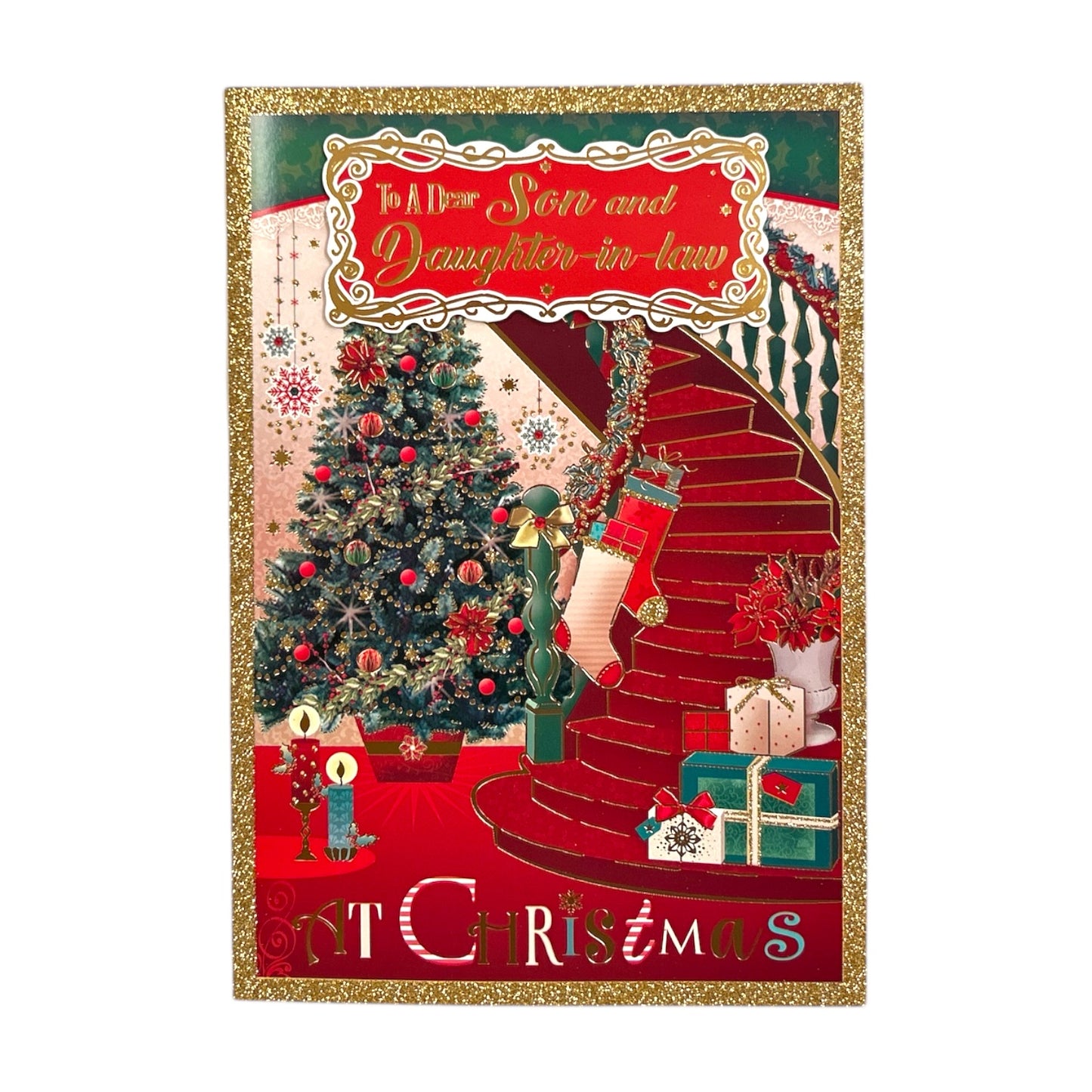 To a Dear Son and Daughter In Law Beautiful Decorative Stair Design Christmas Card
