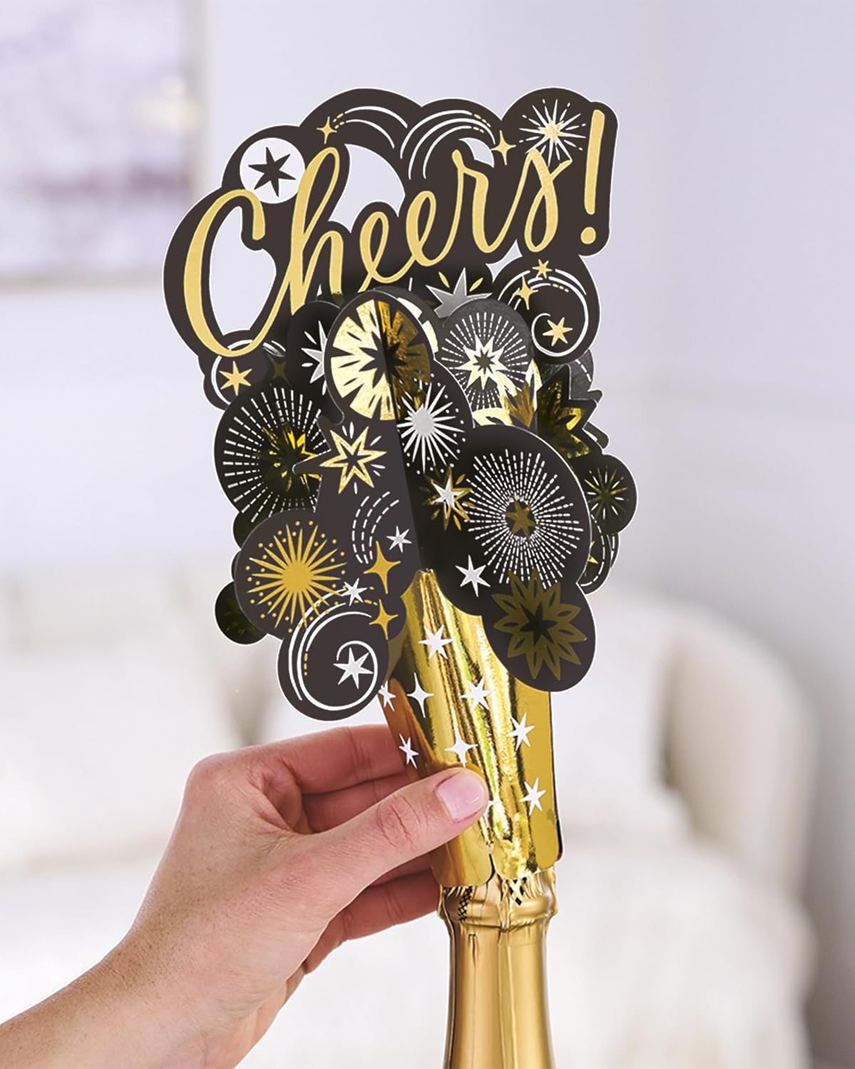 Gold Foil Cheers Design 3D Bottle Topper Birthdays/Weddings/Christmas/New Year