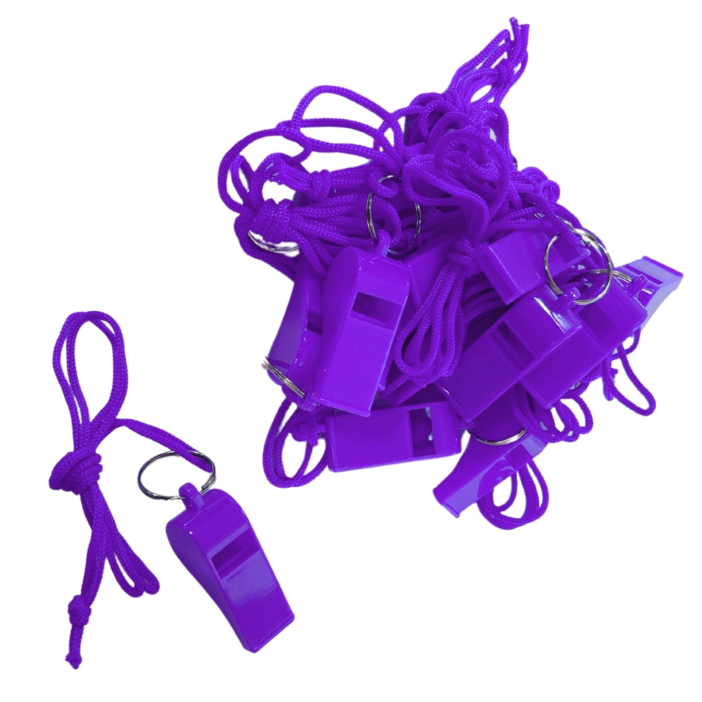 Bag of 10 Purple Plastic Whistles with Lanyard Neck Cord