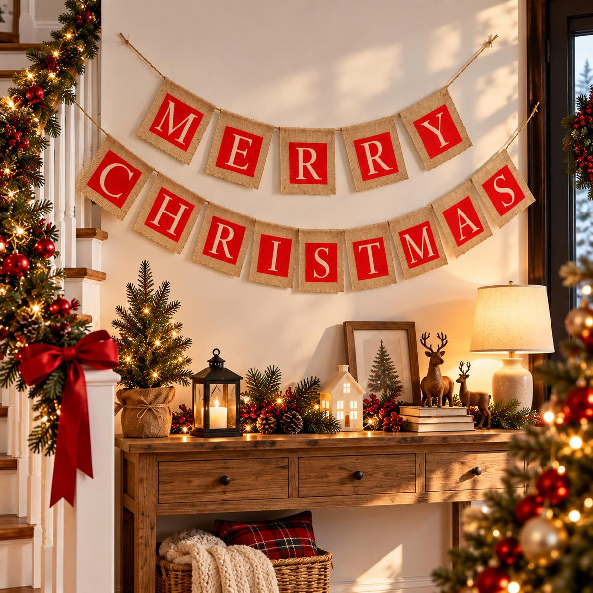 Merry Christmas 2 Strings Hessian Bunting 14 Square Pennants