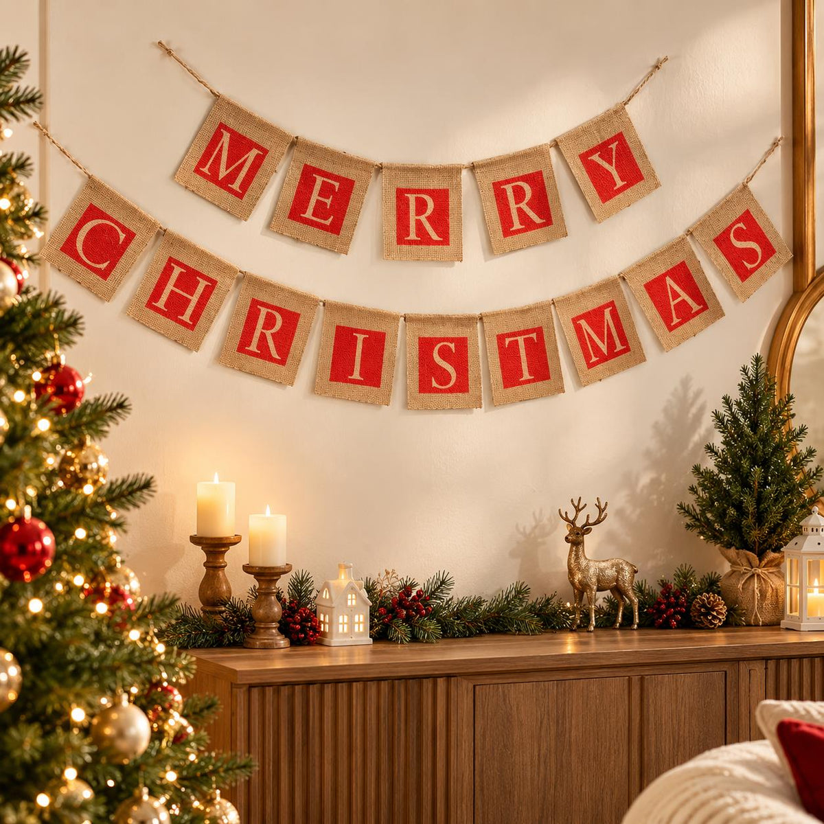 Merry Christmas 2 Strings Hessian Bunting 14 Square Pennants