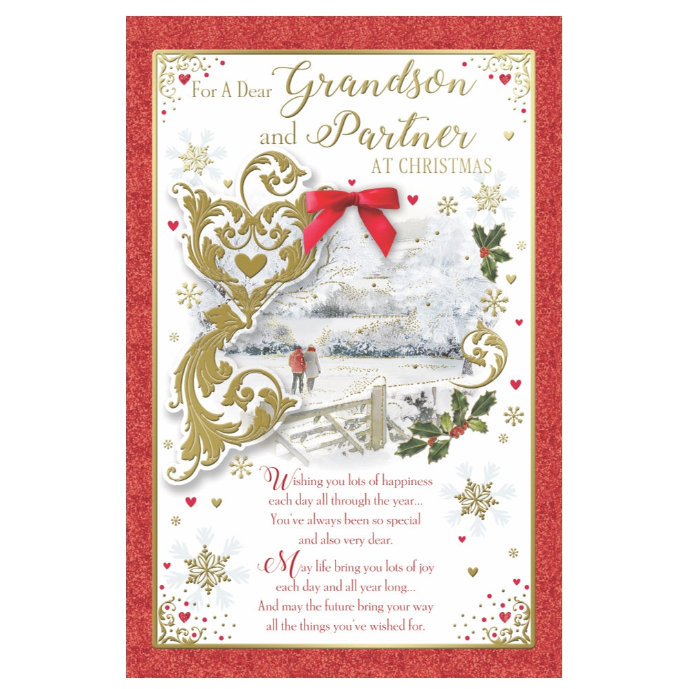 For a Dear Grandson and Partner Couple Walking in Winter Wonderland Design Christmas Card