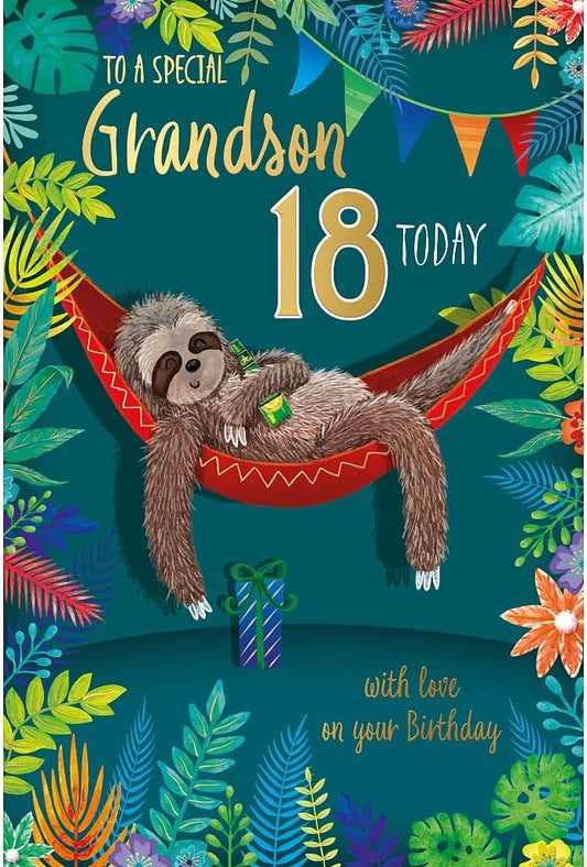 Sloth on Hammock Special Grandson 18th Milestone Birthday Card