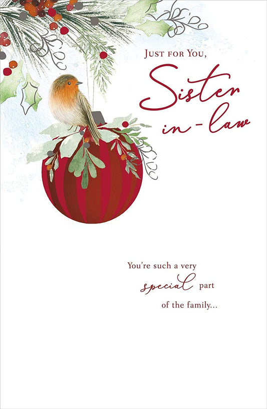 Just For You Sister In Law Robin on a Bauble Design Christmas Card