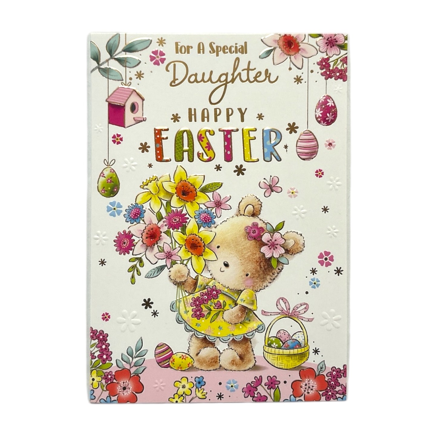 For A Special Daughter Teddy With Bunch Of Flower Design Easter Card