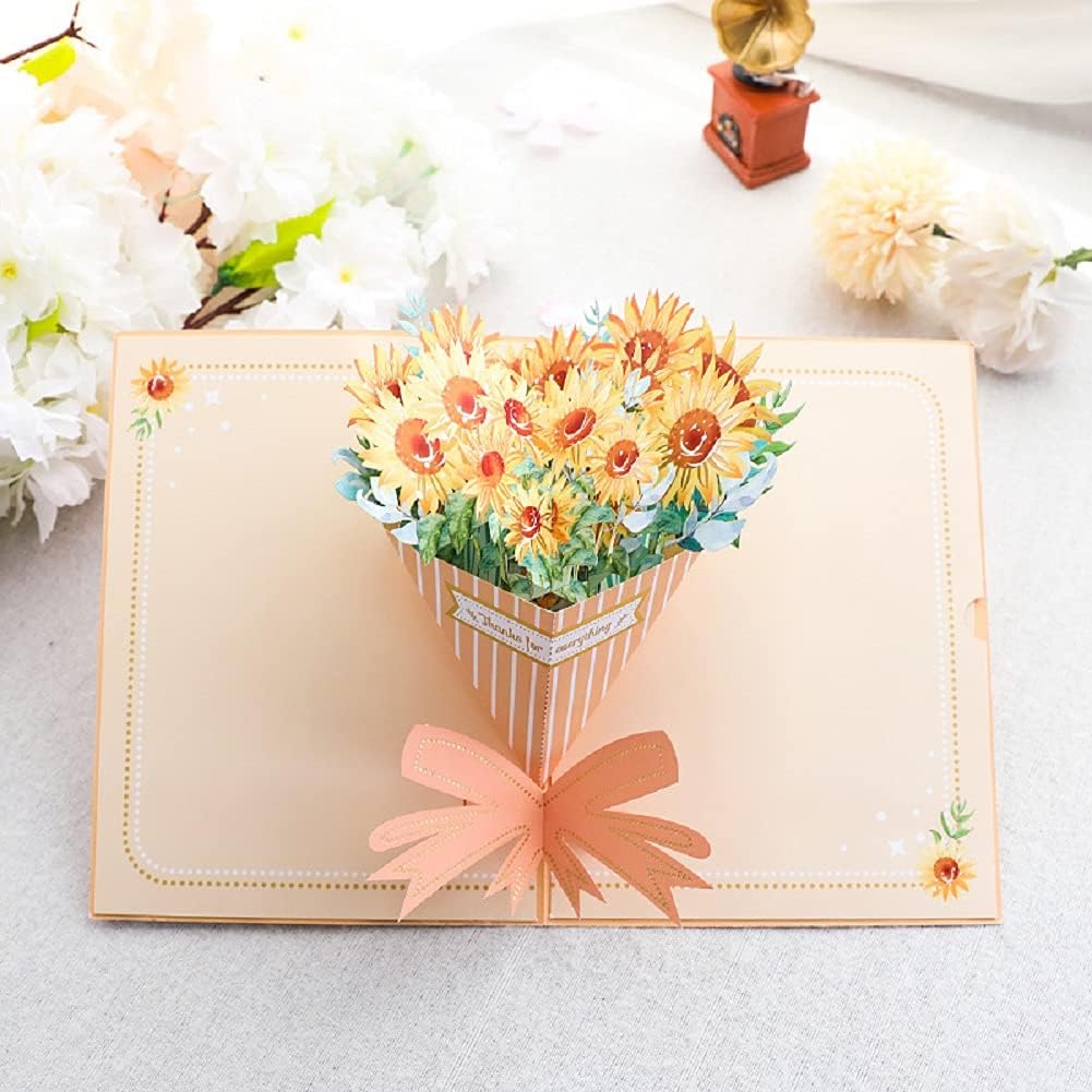 Elegant Sunflower Bouquet 3D Pop Up Greeting Card - Wedding Birthday Mother's Day Anniversary