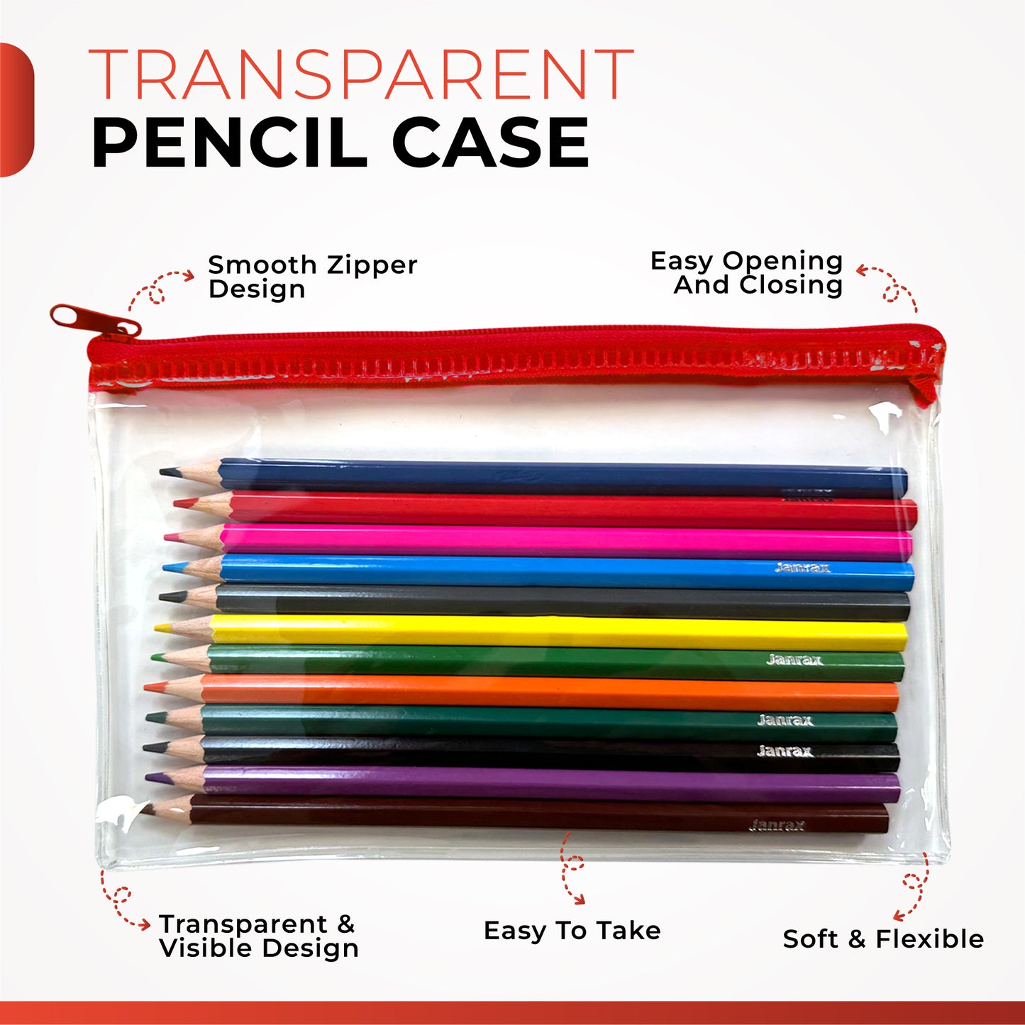Pack of 12 Colouring Pencils in Black Zip Clear Pencil Case