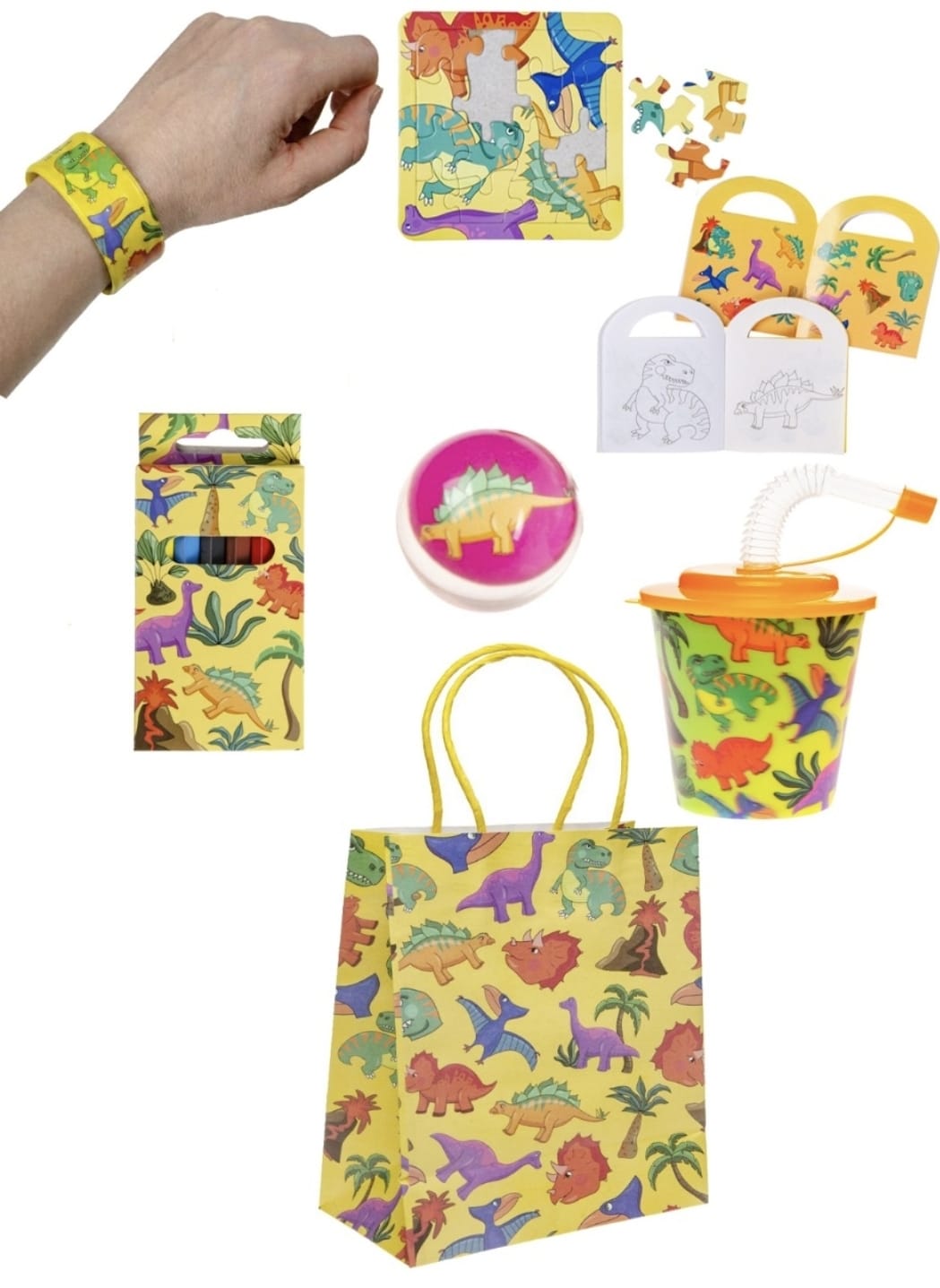 Pack of 20 Pre Filled Dino Theme Kids Party Favour Bags – Gift Bags with Reusable Cup & Themed Toys