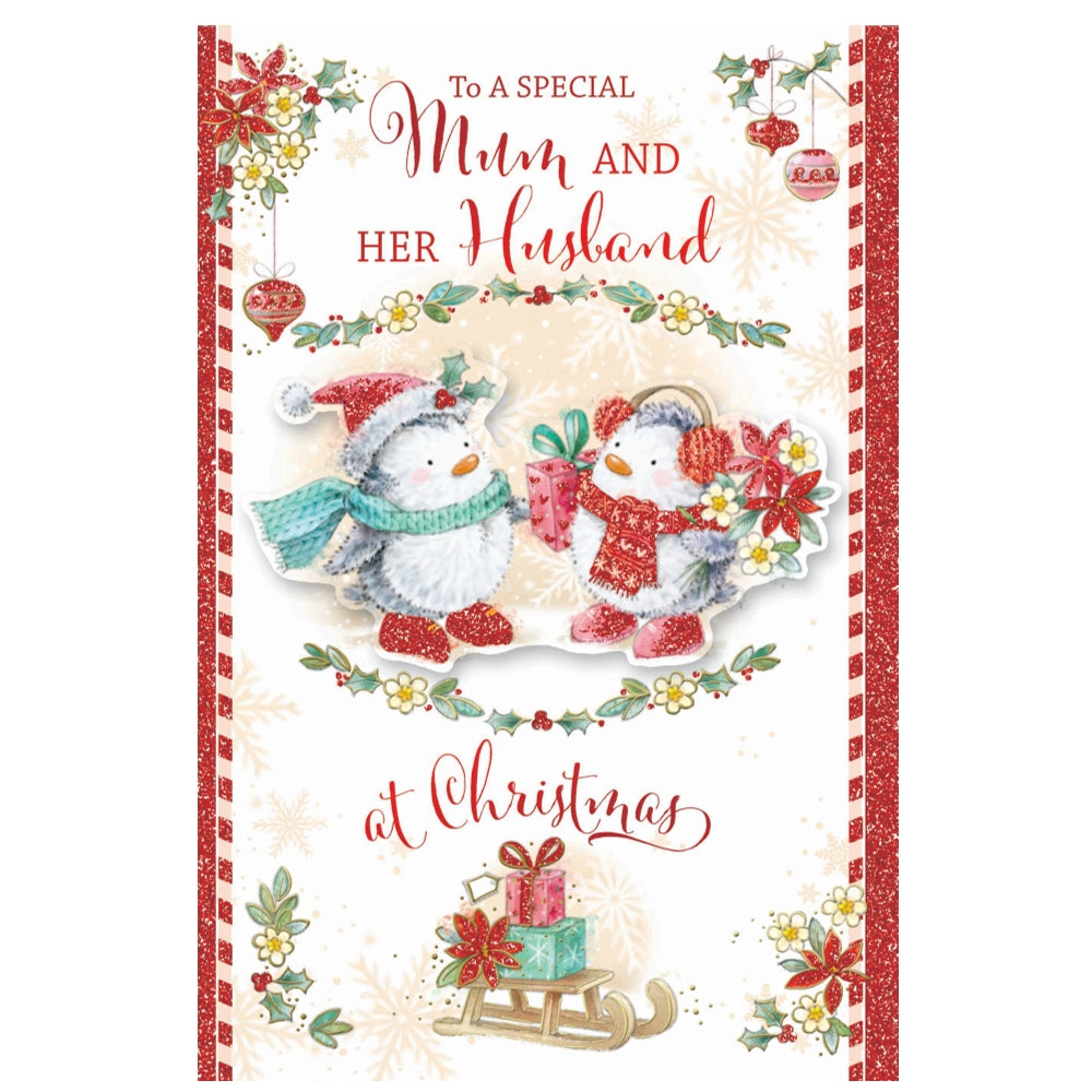 To a Special Mum and Her Husband Penguins Festive Design Christmas Card