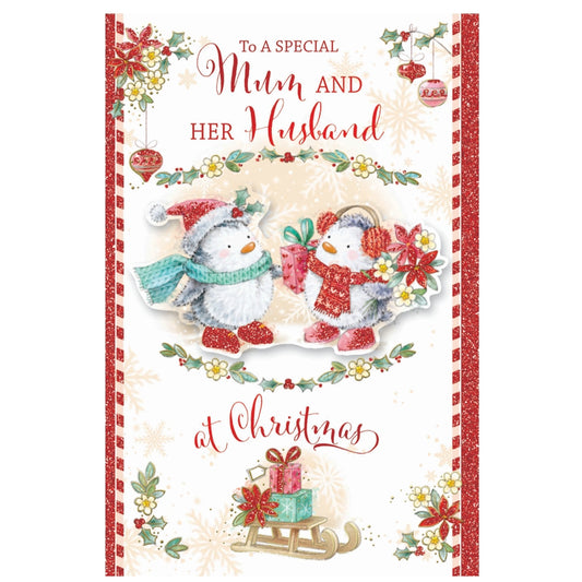 To a Special Mum and Her Husband Bears In Hat and Scarf Design Christmas Card
