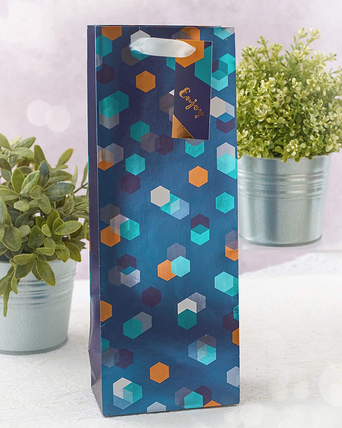 Blue Geometric Patterned Bottle Size Gift Bag For Father's Day Birthday Act