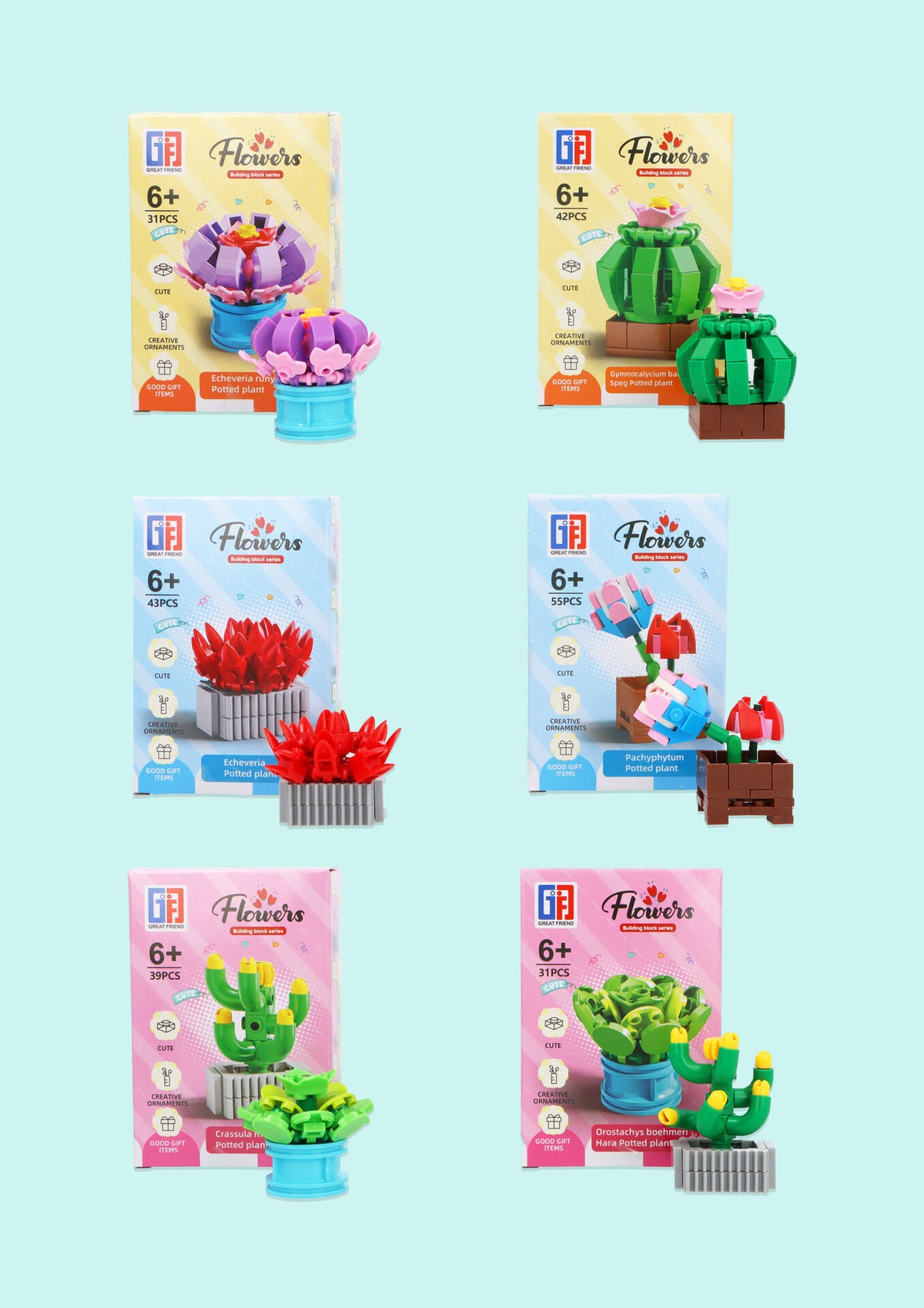 Pack of 6 Potted Plant Lego Block Kit - Construction Toys Party Favours Stocking Fillers