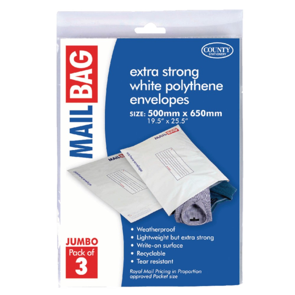 Pack of 3 Jumbo Strong Polythene Mail Bag Envelopes 500 x 650mm