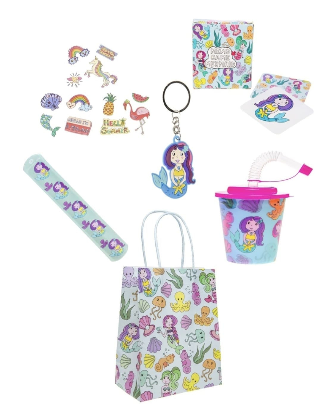 Pack of 10 Pre Filled Mermaid Theme Kids Party Favour Bags – Gift Bags with Reusable Cup & Themed Toys