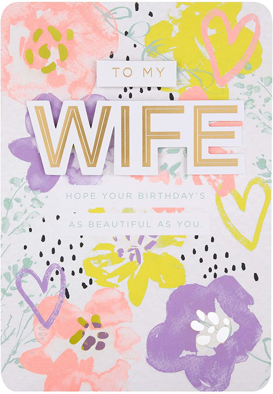 Wife Birthday Card Neon Floral Design with 3D Text 