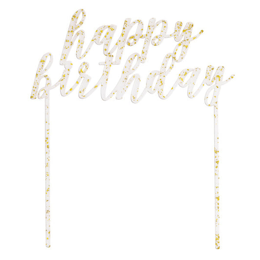"Happy Birthday" Clear with Gold Foil Flecks Acrylic Cake Topper