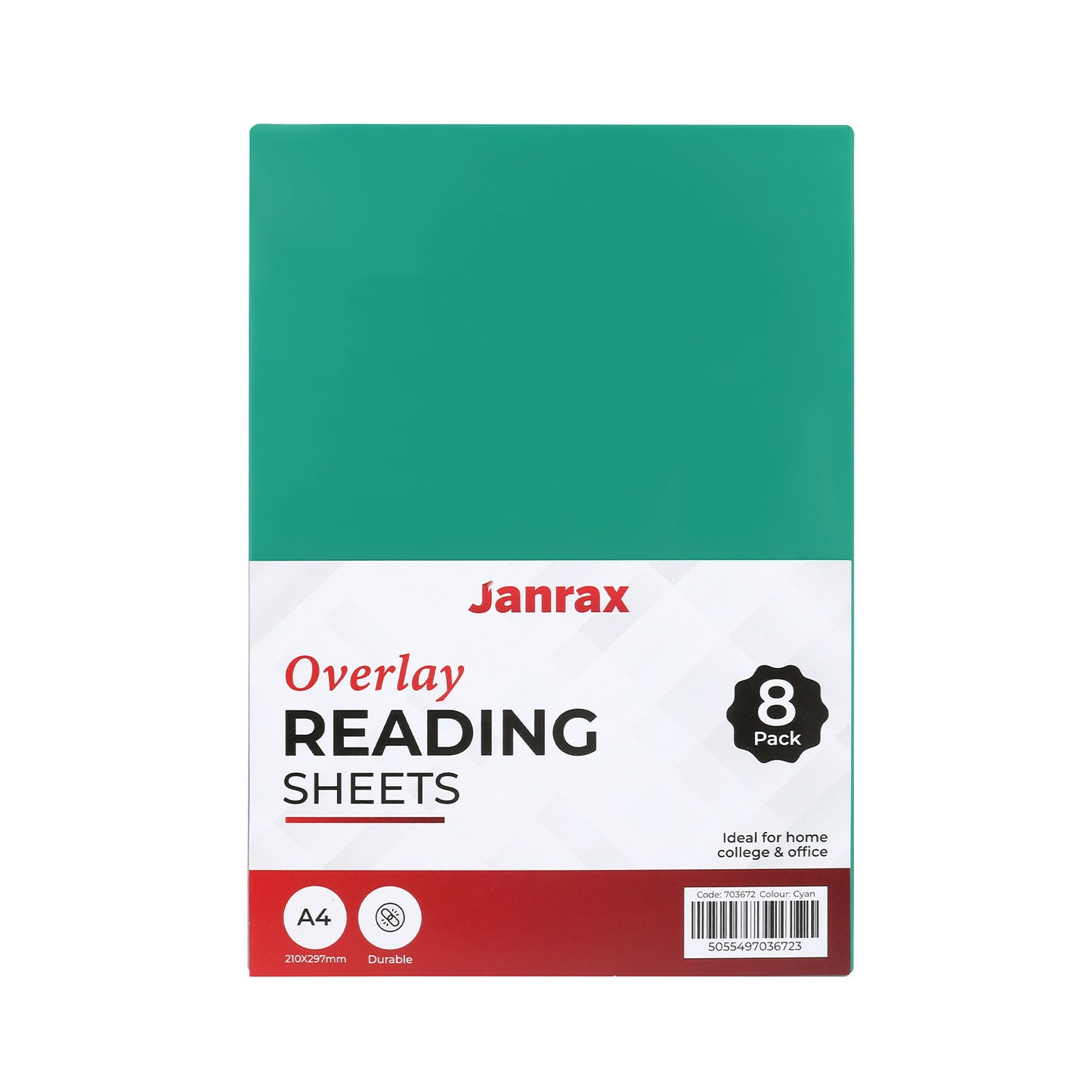 Pack of 8 A4 Plain Cyan Dyslexia Overlay Reading Sheets – PET Material, Rounded Corners