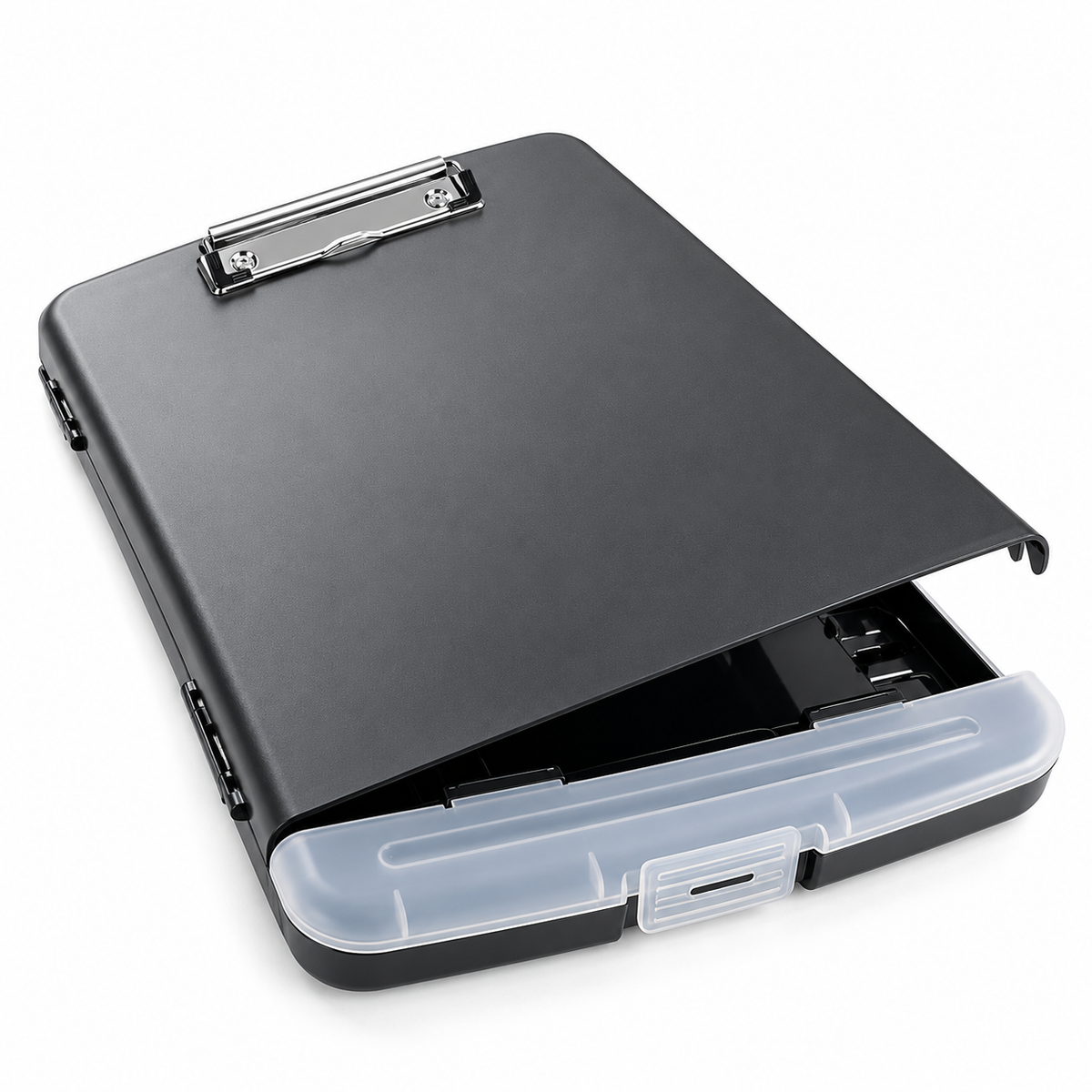 A4 Black Plastic Clipboard Box File With Pencil Holder - Storage Filing Case