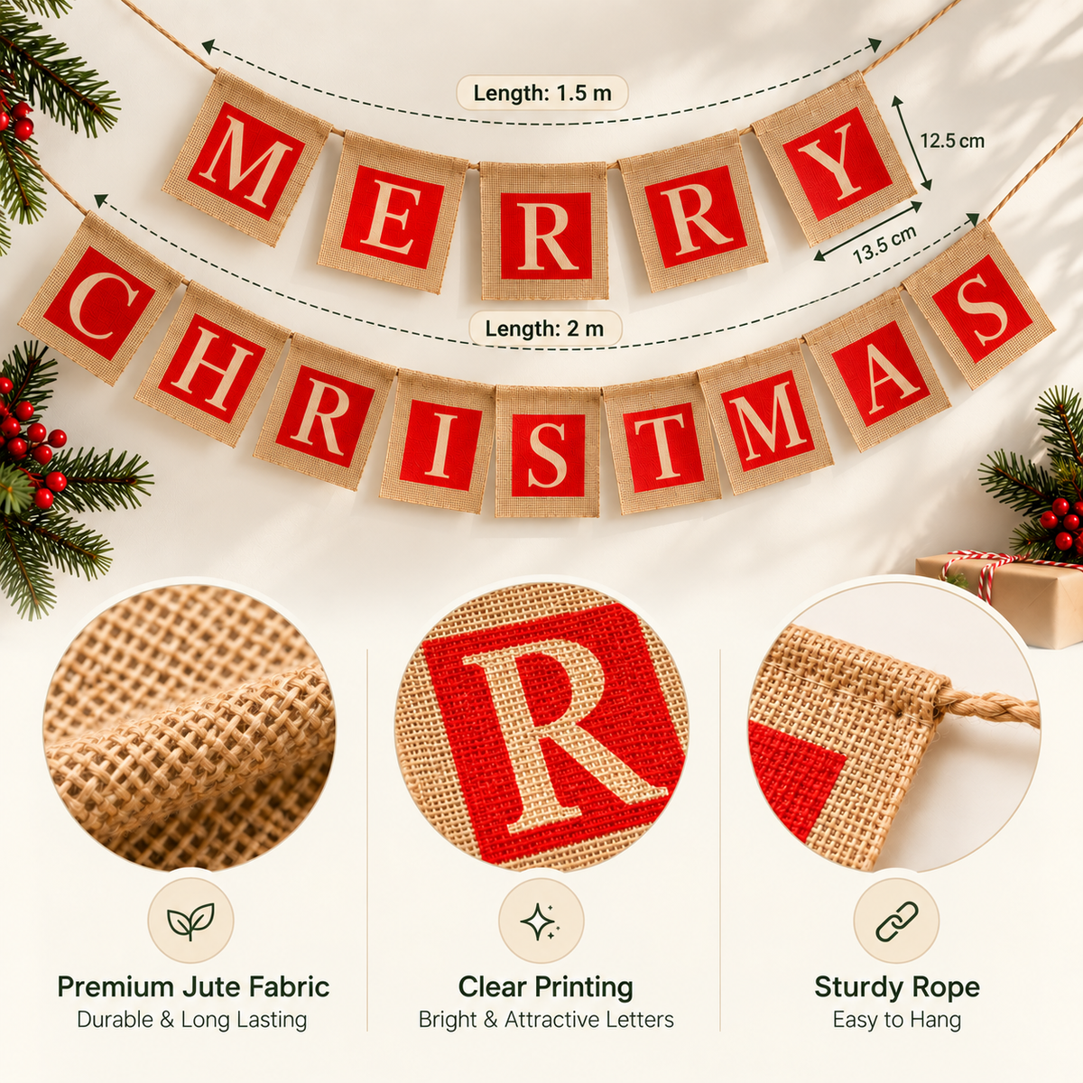 Merry Christmas 2 Strings Hessian Bunting 14 Square Pennants