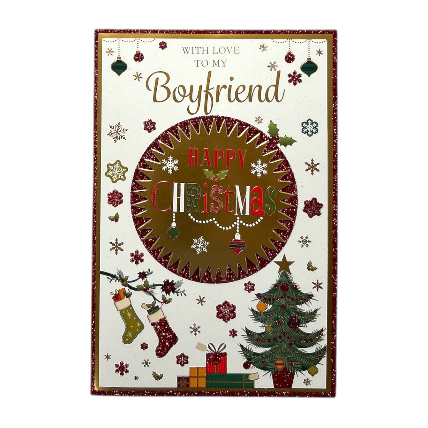 With Love To My Boyfriend Xmas Tree Design Foil and Glitter Finished Christmas Card