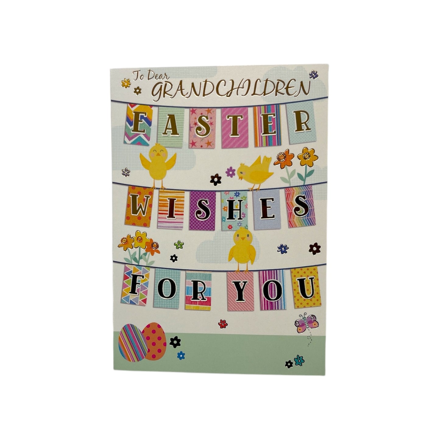 To Dear Grandchildren Vibrant Patterns Bunting Design Easter Card