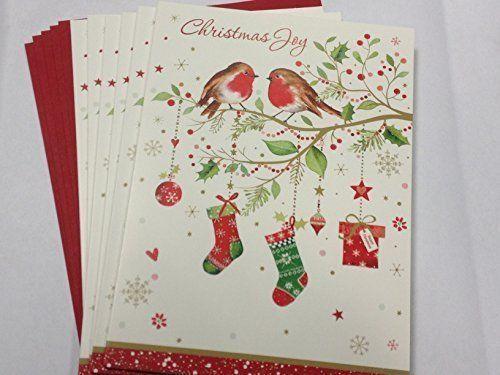 Pack of 6 'Tree Robins & Present' Design Christmas Greeting Cards