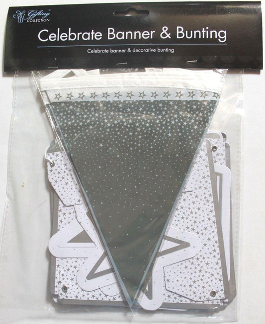 Decorative Banner & Bunting Party Celebrate and Stars Design White Silver