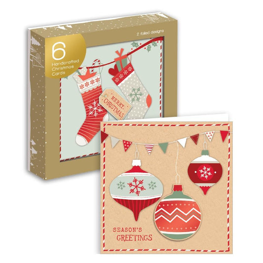 Pack of 6 Handicrafted Christmas Cards - Stocking & Bauble Foiled Design