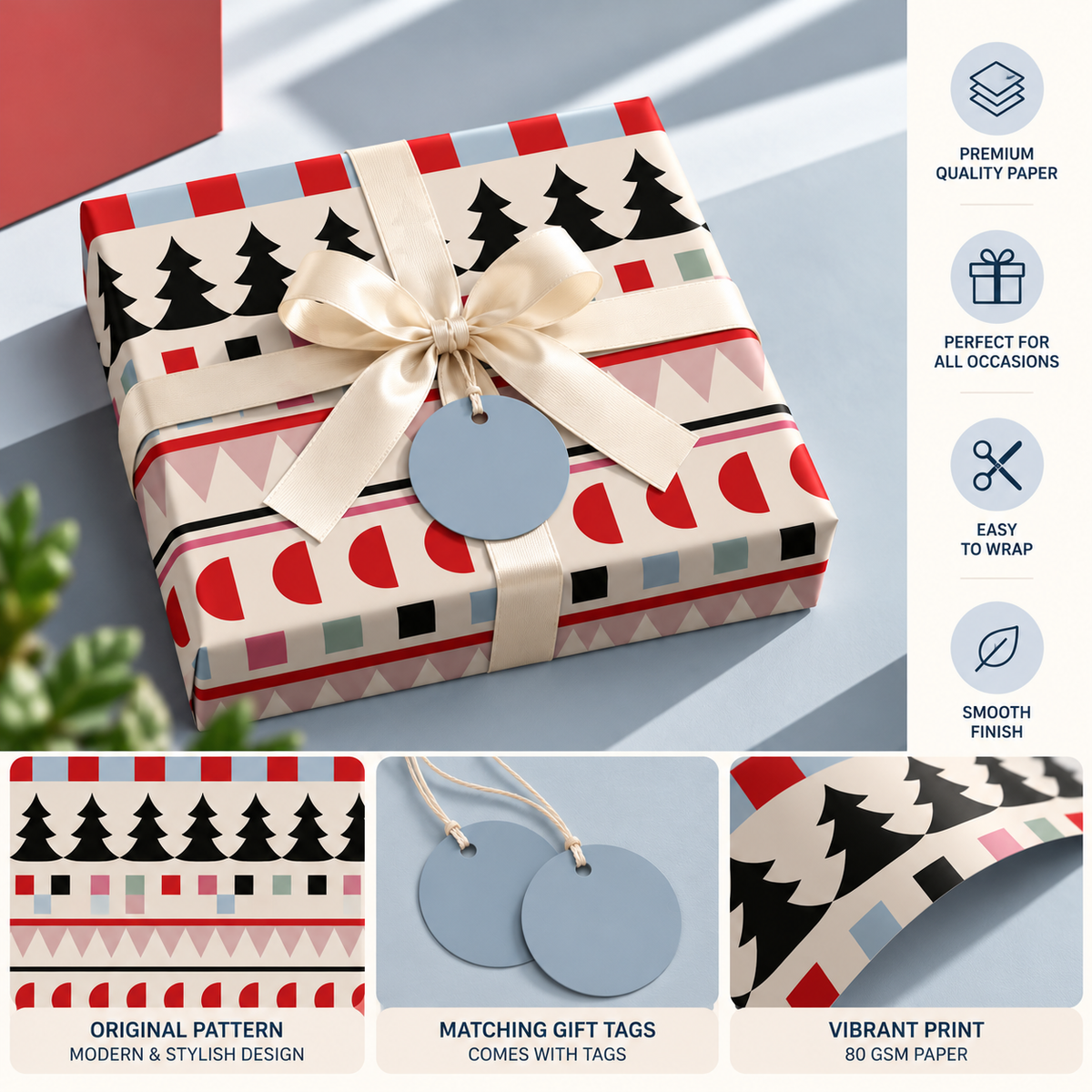 Pack of 2 Geometric Festive Design 50 x 70 cm Gift Wrap Sheets with 2 Tags - Christmas Birthdays Kids Party Holiday Gifting