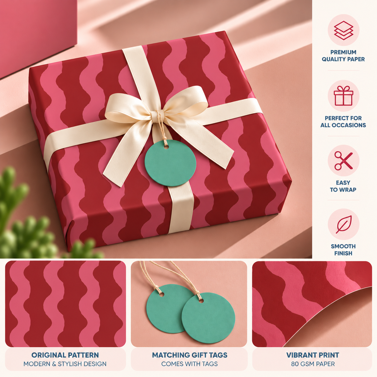 Pack of 2 Cherry Waves Design 50 x 70 cm Gift Wrap Sheets with 2 Tags - Christmas Birthdays Kids Party Holiday Gifting