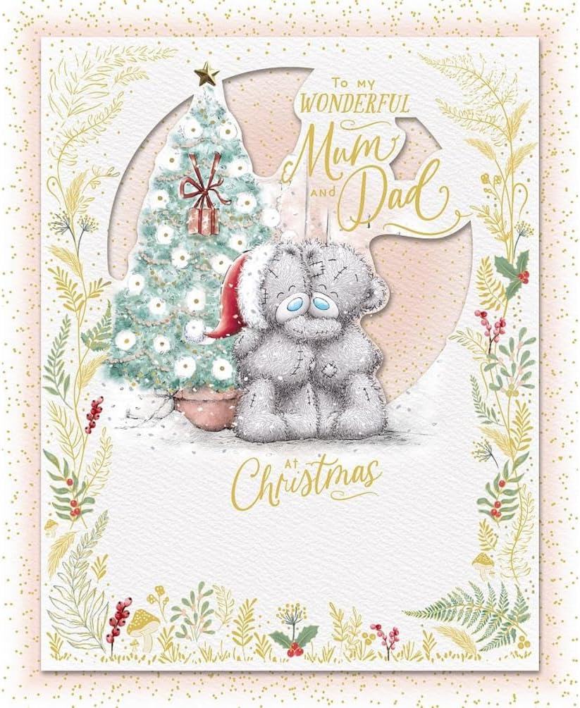Bears Stood By Xmas Tree Mum And Dad Christmas Card