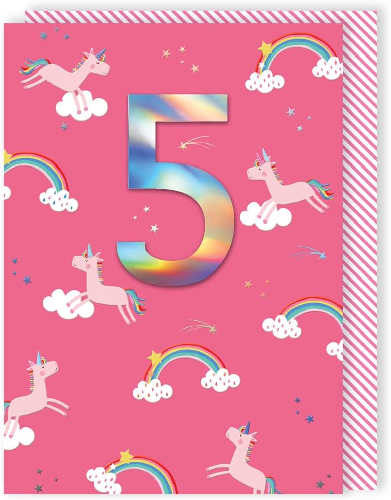 Rainbows & Unicorns Embellished Girls 5 Birthday Card