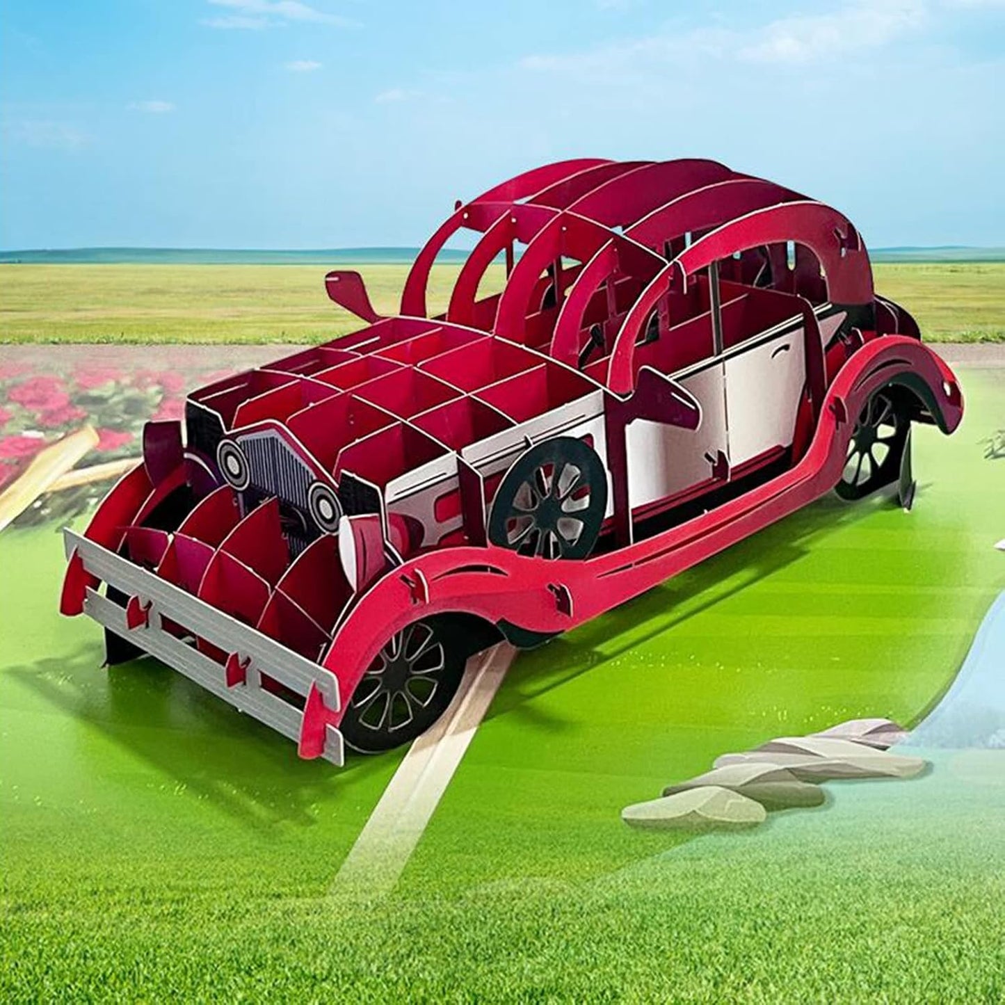 Vintage Red Car 3D Pop Up Greeting Card