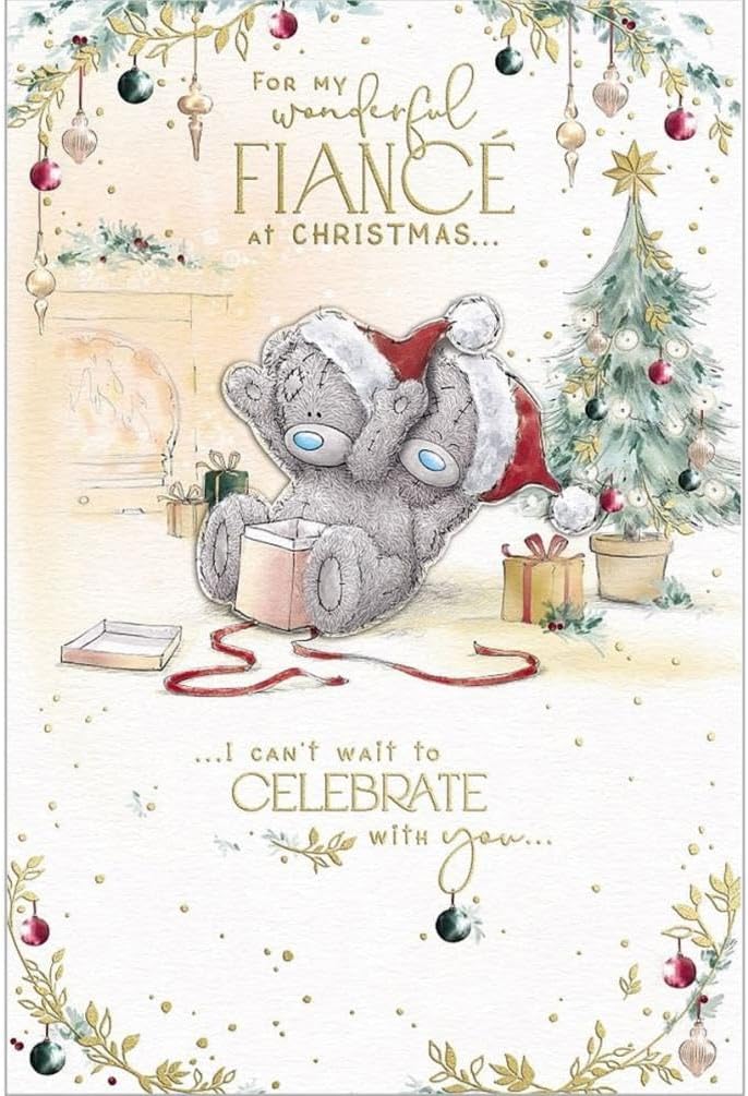 Bears Opening Gift Near Tree Wonderful Fiancé Handmade Christmas Card
