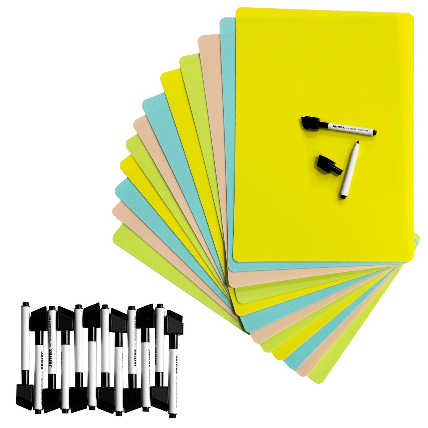 Pack of 12 A4 Assorted Coloured Whiteboards with 12 White Board Marker Pens