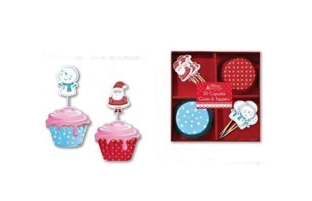 Pack of 30 Snowman And Santa Claus Christmas Cupcake Cases & Toppers