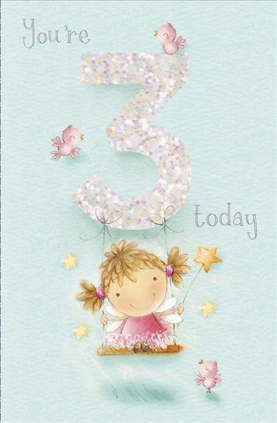Girl's 3rd Birthday Card Flitter Finish Pretty Fairy on a Swing from The Thinking of You Range