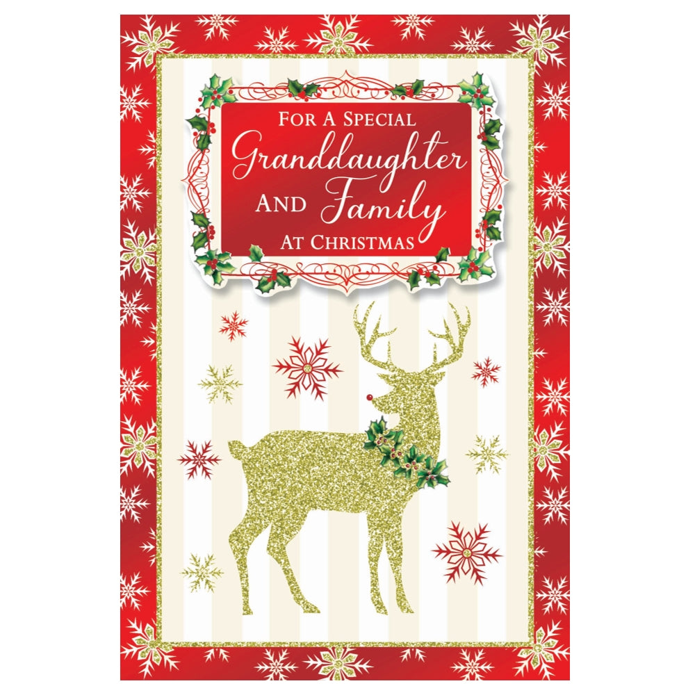 For a Special Granddadughter and Family Golden Reindeer Festive Design Christmas Card