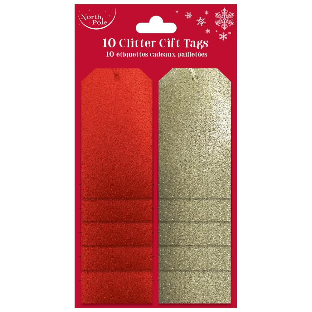 Pack of 10 Red & Gold Glitrer Christmas Gift Tags
