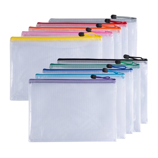Pack of 10 A4 Assorted PVC Mesh Coloured Zip Bags