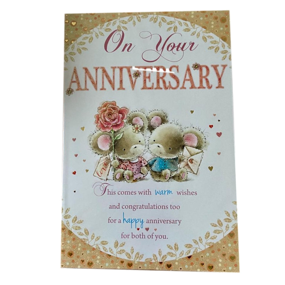 On Your Anniversary Cute Teddy Couple With Rose Greeting Card