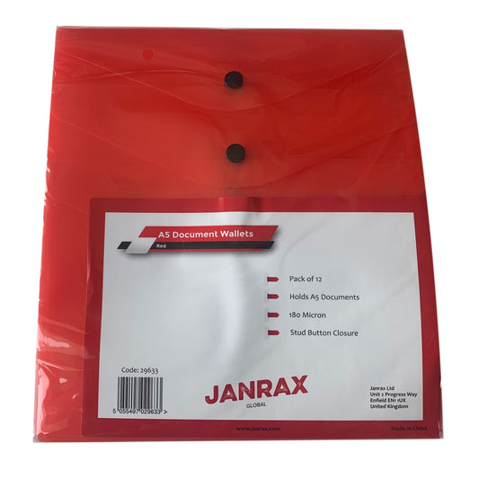 Pack of 12 Janrax A5 Red Document Wallets